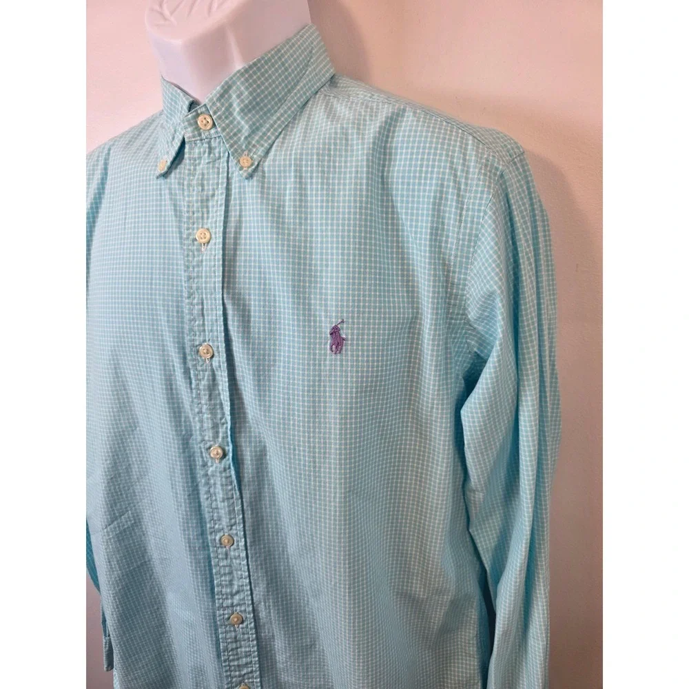 Ralph Lauren Mens Classic Fit Gingham Button Down Shirt Blue White 15.5 34/35